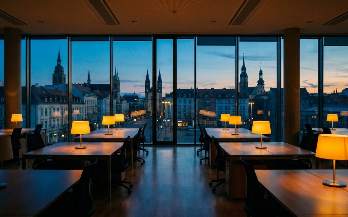 Corporate office interior at blue hour, empty desks lit by the city beyond