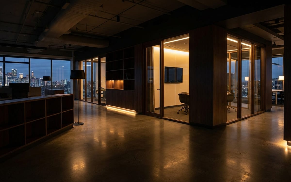 Fitted-out workplace floor at night, meeting rooms glowing against dark joinery
